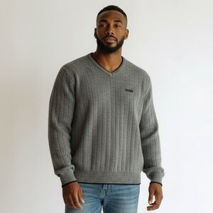 Vintage Hugo Boss Ribbed Cotton Knit Gray Sweater